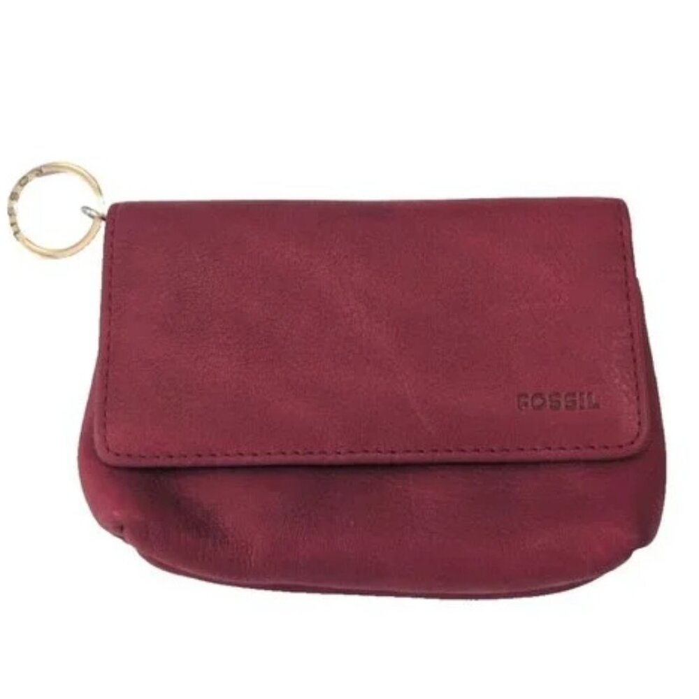 Fossil Red Leather Coin Purse Zip Pouch Mini Wallet Case w/ Keychain